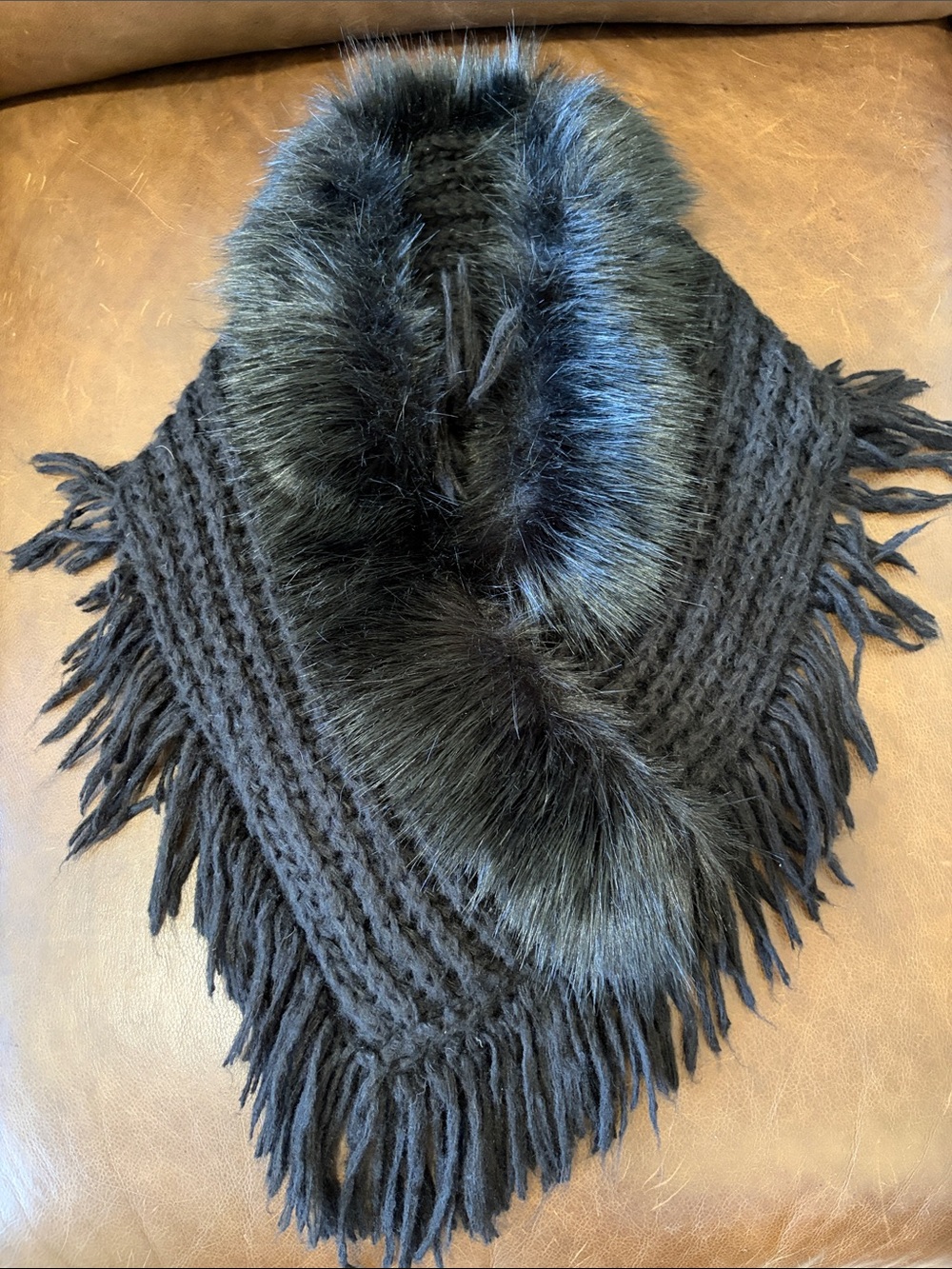 Black Faux Fur Trim Knit Fringe Shawl Collar Scarf